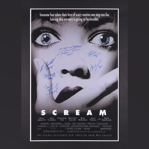 Lot #419 - SCREAM (1996) - Neve Campbell, David Arquette, Matthew Lillard, Skeet Ulrich, Roger L. Jackson and Jamie Kennedy Autographed Poster