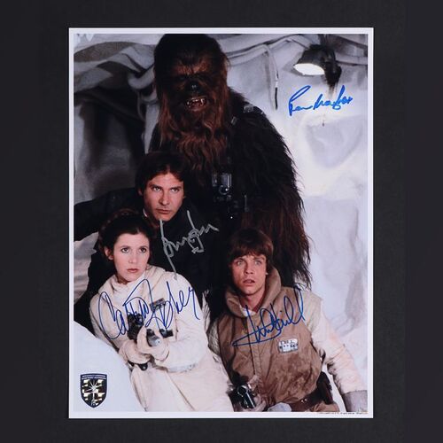 Lot #491 - STAR WARS: THE EMPIRE STRIKES BACK (1980) - Harrison Ford, Carrie Fisher, Mark Hamill and Peter Mayhew Autographed Still