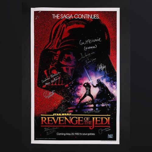Lot #500 - STAR WARS: RETURN OF THE JEDI (1983) - Original Dated "Revenge" Teaser US One-Sheet Autographed by Carrie Fisher, Mark Hamill, Billy Dee Williams, Dave Prowse and Others, 1983