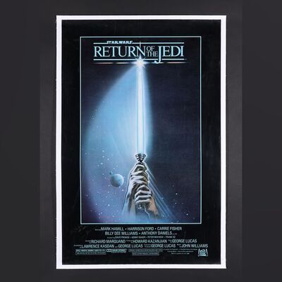 Lot #510 - STAR WARS: RETURN OF THE JEDI (1983) - George Lucas Autographed and Annotated US One-Sheet - Linen-Backed, 1983