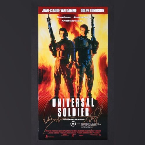 Lot #568 - 
UNIVERSAL SOLDIER (1992) - Jean-Claude Van Damme and Dolph Lundgren Autographed Australian Daybill, 1992