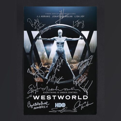 Lot #597 - WESTWORLD (TV SERIES) (2016 - 2022) - Thandie Newton, Ed Harris, Anthony Hopkins, James Marsden, Evan Rachel Wood and Jeffrey Wright and Others Autographed Mini Poster and Lenticular Wrist Band