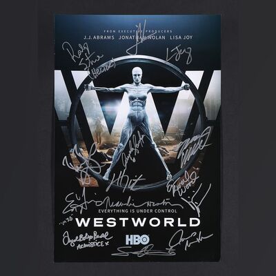 Lot #597 - WESTWORLD (TV SERIES) (2016 - 2022) - Thandie Newton, Ed Harris, Anthony Hopkins, James Marsden, Evan Rachel Wood and Jeffrey Wright and Others Autographed Mini Poster and Lenticular Wrist Band