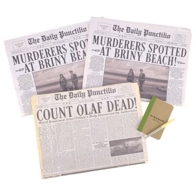 Lot # 30: A Series of Unfortunate Events (TV Series) - Set of Three "The Daily Punctilio" Newspapers with Mrs. Poe's Notepad and Pen