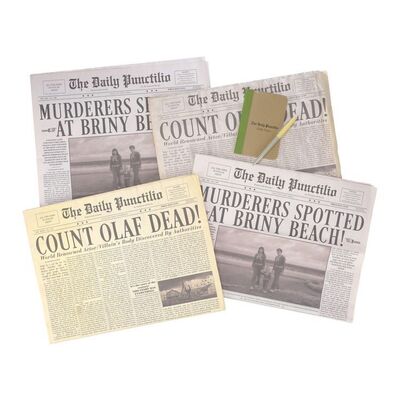 Lot # 58: A Series of Unfortunate Events (TV Series) - Set of Four "The Daily Punctilio" Newspapers with Mrs. Poe's Notepad and Pen