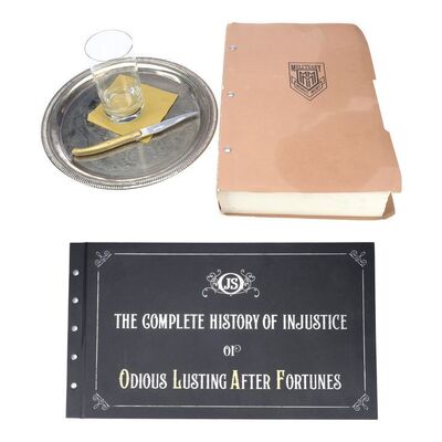 Lot # 94: A Series of Unfortunate Events (TV Series) - Mr. Poe's File, "The Complete History of Injustice," Count Olaf's Knife, and Larry Your-Waiter's Accessories