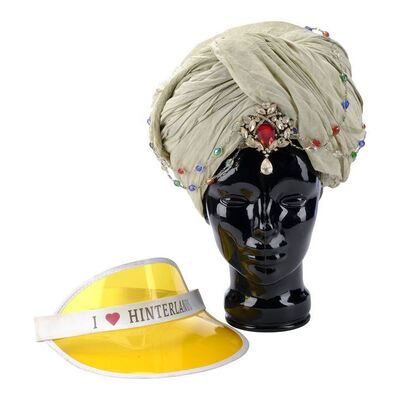 Lot # 98: A Series of Unfortunate Events (TV Series) - Count Olaf's Coach Genghis Headwrap Disguise with Jewels and "I 'Heart' Hinterlands" Visor