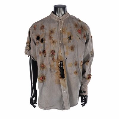 Lot #143: JASON X (2001) - Mario Kirner Collection: Jason Voorhees' (Kane Hodder) Screen-matched Bullet-hole Shirt