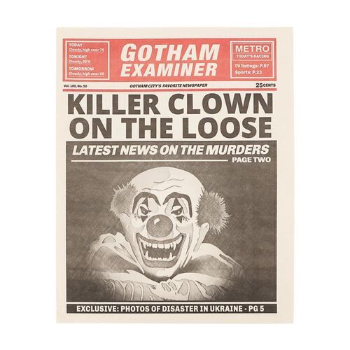 Lot #223: JOKER (2019) - "Killer Clown on the Loose" Gotham Examiner Newspaper Cover