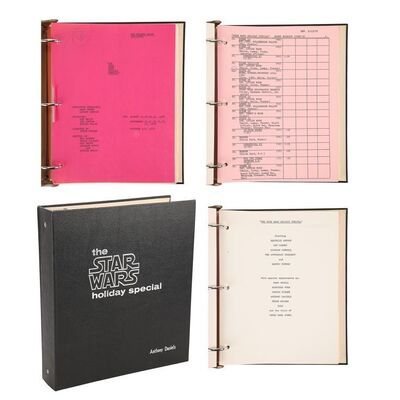 Lot #356: THE STAR WARS HOLIDAY SPECIAL (TV SPECIAL, 1978) - Anthony Daniels Collection: Anthony Daniels' Hand-annotated Original Fourth-draft Script in a Personalised Binder and Promotional Mylar Flyers