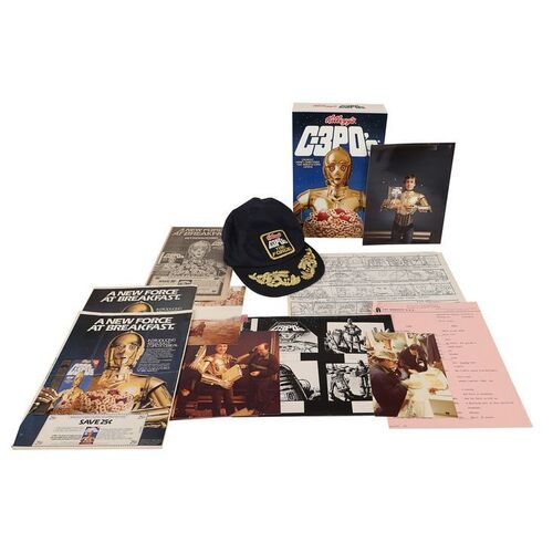 Lot #367: STAR WARS: VARIOUS PRODUCTIONS - Anthony Daniels Collection: Hero Prop "C-3PO's" Cereal Box, Storyboards, Photographs and Cap