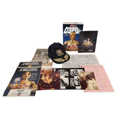 Lot #367: STAR WARS: VARIOUS PRODUCTIONS - Anthony Daniels Collection: Hero Prop "C-3PO's" Cereal Box, Storyboards, Photographs and Cap