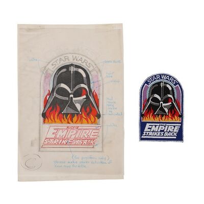 Lot #376: STAR WARS: THE EMPIRE STRIKES BACK (1980) - Hand-Drawn Ralph McQuarrie "Vader in Flames" Concept Sketch and Prototype Crew Patch