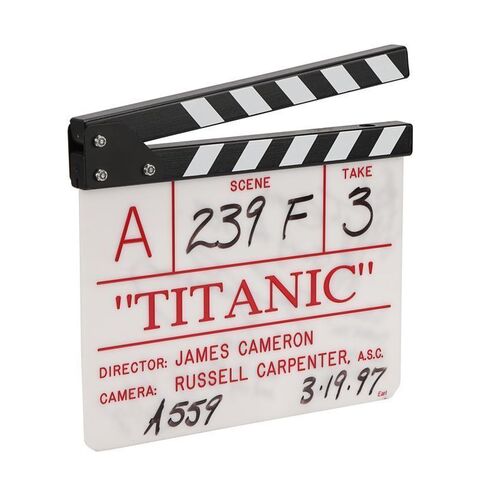 Lot #423: TITANIC (1997) - James Cameron, Leonardo DiCaprio, Kate Winslet and Billy Zane Autographed Production Clapperboard