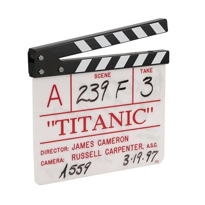Lot #423: TITANIC (1997) - James Cameron, Leonardo DiCaprio, Kate Winslet and Billy Zane Autographed Production Clapperboard