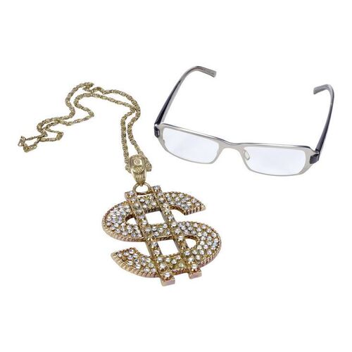 Lot #428: TROPIC THUNDER (2008) - Les Grossman's (Tom Cruise) Glasses and Dollar Sign Necklace Displays