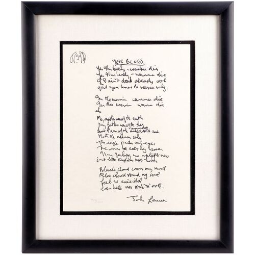 Lot #478: BEATLES, THE - Framed Serigraph Print of John Lennon's Handwritten Lyrics for "Yer Blues"