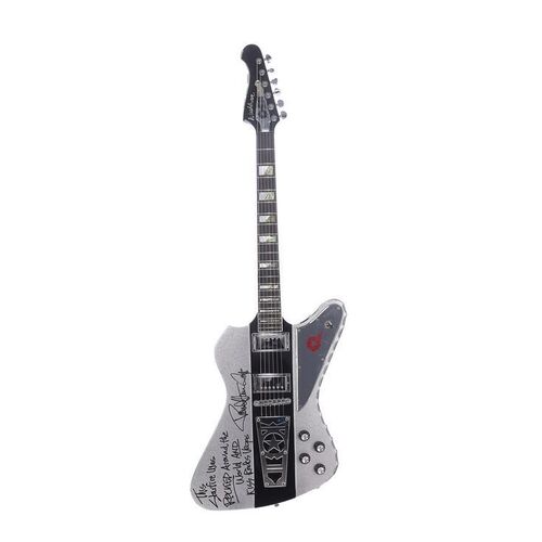 Lot #553: KISS - Paul Stanley's Autographed and Inscribed Stage Used Custom Silver-Colour Glitter Washburn Starfire Guitar