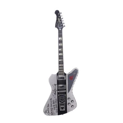 Lot #553: KISS - Paul Stanley's Autographed and Inscribed Stage Used Custom Silver-Colour Glitter Washburn Starfire Guitar