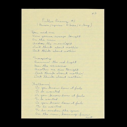 Lot #566: MOTLEY CRUE - "Public Enemy #1" Lyrics Handwritten by Allan Coffman