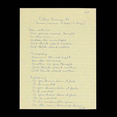 Lot #566: MOTLEY CRUE - "Public Enemy #1" Lyrics Handwritten by Allan Coffman