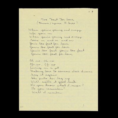Lot #567: MOTLEY CRUE - "Too Fast For Love" Lyrics Handwritten by Allan Coffman