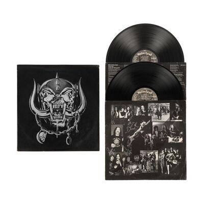 Lot #568: MOTORHEAD - Special Leather Edition No Remorse UK Double Vinyl Set Autographed by Lemmy, Phil Campbell, Wurzel and Pete Gill