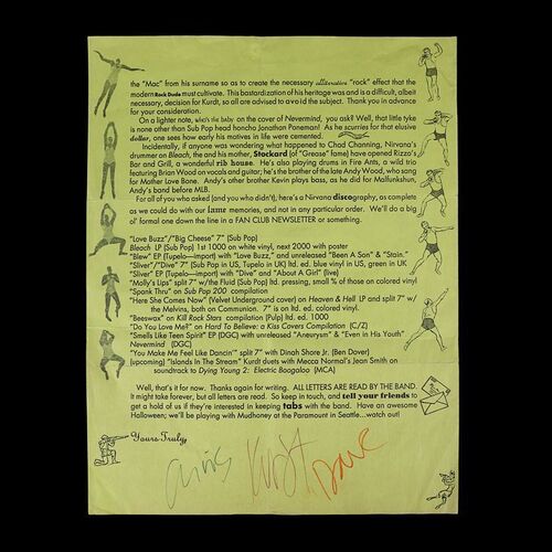 Lot #572: NIRVANA - Kurt Cobain, Dave Grohl and Krist Novoselic Signed Nirvana Newsletter