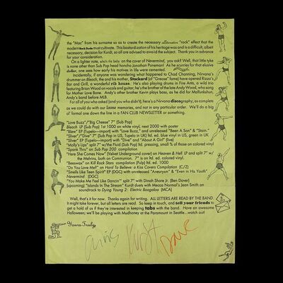 Lot #572: NIRVANA - Kurt Cobain, Dave Grohl and Krist Novoselic Signed Nirvana Newsletter