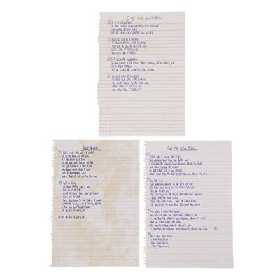 Lot #581: OASIS - Lyrics for ''Cigarettes and Alcohol'', ''Half The World Away'' and ''Headshrinker'' Handwritten by Noel Gallagher