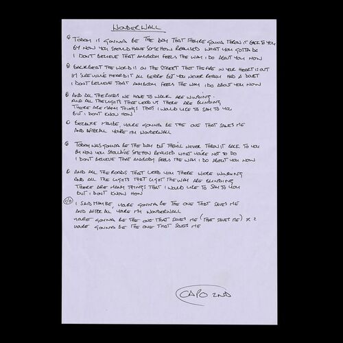 Lot #582: OASIS - "Wonderwall" Lyrics Handwritten by Noel Gallagher