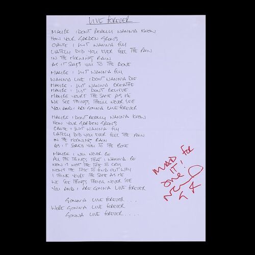 Lot #584: OASIS - "Live Forever" Lyrics Handwritten and Autographed by Noel Gallagher