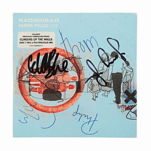 Lot #611: RADIOHEAD - Thom Yorke, Jonny Greenwood, Colin Greenwood, Ed O'Brien and Philip Selway Autographed "Karma Police" CD