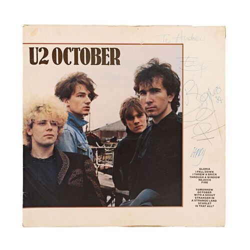 Lot #642: U2 - Band-autographed October LP Sleeve (Irish Pressing)