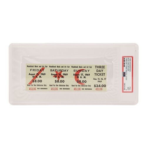 Lot #647: WOODSTOCK FESTIVAL (1969) - Original PSA Graded Unused Woodstock Festival 1969 Three-day Ticket