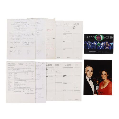 Lot #660: STAR WARS: THE PHANTOM MENACE (1999) - Anthony Daniels Collection: Anthony Daniels' Hand-annotated Script Pages, Call Sheet, ADR Sheets, Wrap Party Invite, Travel Plans and Photo