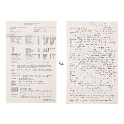 Lot #673: STAR WARS: A NEW HOPE (1977) - Anthony Daniels Collection: Call Sheet Featuring Handwritten Letter from Anthony Daniels
