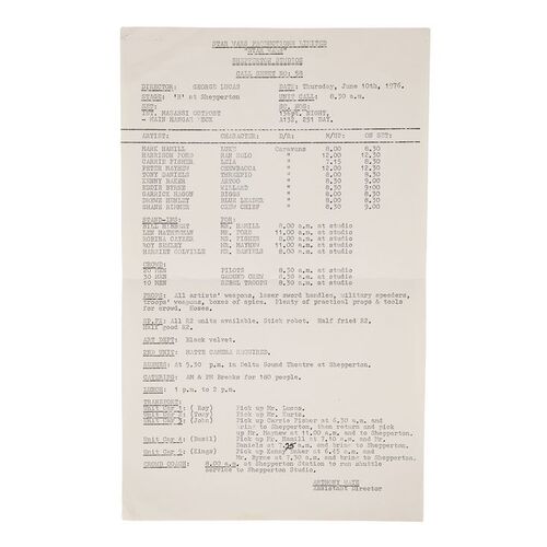 Lot #674: STAR WARS: A NEW HOPE (1977) - Anthony Daniels Collection: Call Sheet