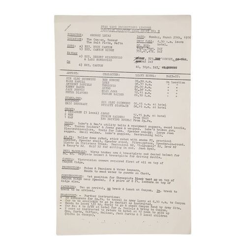 Lot #675: STAR WARS: A NEW HOPE (1977) - Anthony Daniels Collection: Tunisia Location Call Sheet