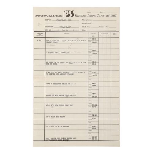 Lot #677: STAR WARS: A NEW HOPE (1977) - Anthony Daniels Collection: Electronic Looping System Cue Sheet with Pencil Corrections