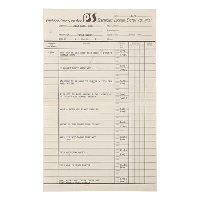 Lot #677: STAR WARS: A NEW HOPE (1977) - Anthony Daniels Collection: Electronic Looping System Cue Sheet with Pencil Corrections