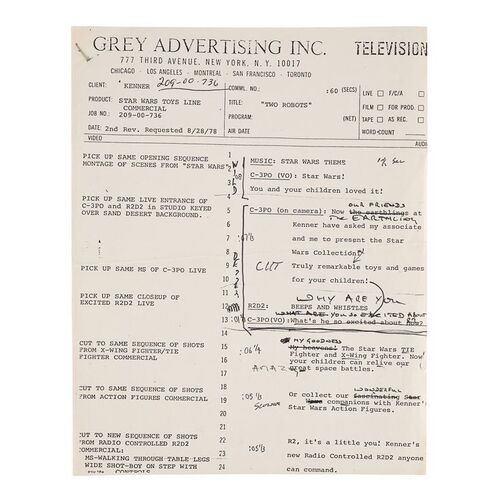 Lot #679: STAR WARS TOYS - Anthony Daniels Collection: Anthony Daniels' Hand-annotated Kenner Advert Script Page