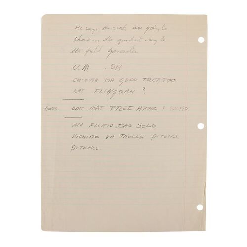 Lot #684: STAR WARS: RETURN OF THE JEDI (1983) - Anthony Daniels Collection: Anthony Daniels' Handwritten Endor Generator Dialogue Page