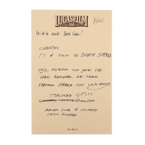 Lot #686: STAR WARS: RETURN OF THE JEDI (1983) - Anthony Daniels Collection: Anthony Daniels' Handwritten Ewok Speech on Headed Stationery