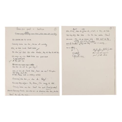 Lot #688: STAR WARS: RETURN OF THE JEDI (1983) - Anthony Daniels Collection: Two Printed Pages of Ewok Village Speech by Ben Burtt with Anthony Daniels' Annotations