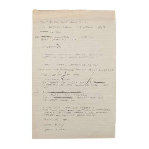 Lot #689: STAR WARS: RETURN OF THE JEDI (1983) - Anthony Daniels' Handwritten Jabba's Palace Dialogue Page