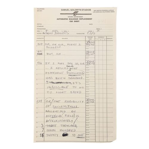 Lot #692: STAR WARS: THE EMPIRE STRIKES BACK (1980) - Anthony Daniels Collection: ADR Cue Sheet with Handwritten Dialogue Lines