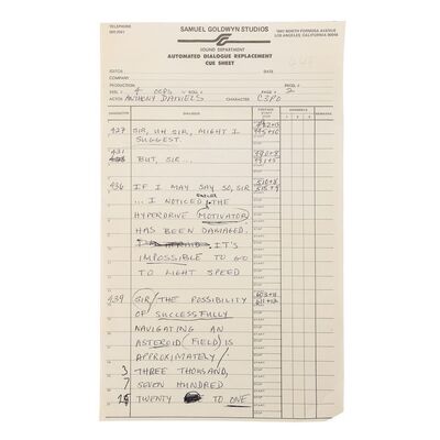 Lot #692: STAR WARS: THE EMPIRE STRIKES BACK (1980) - Anthony Daniels Collection: ADR Cue Sheet with Handwritten Dialogue Lines