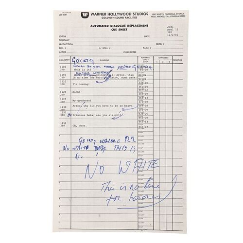 Lot #693: STAR WARS: RETURN OF THE JEDI (1983) - Anthony Daniels Collection: ADR Cue Sheet with Handwritten Notes and Corrections