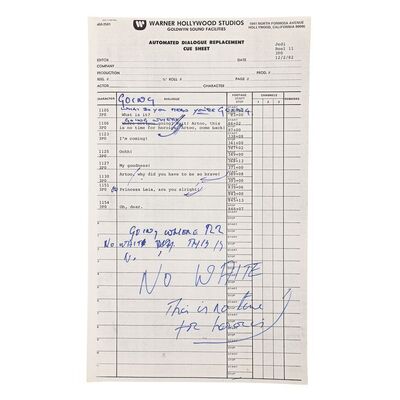Lot #693: STAR WARS: RETURN OF THE JEDI (1983) - Anthony Daniels Collection: ADR Cue Sheet with Handwritten Notes and Corrections
